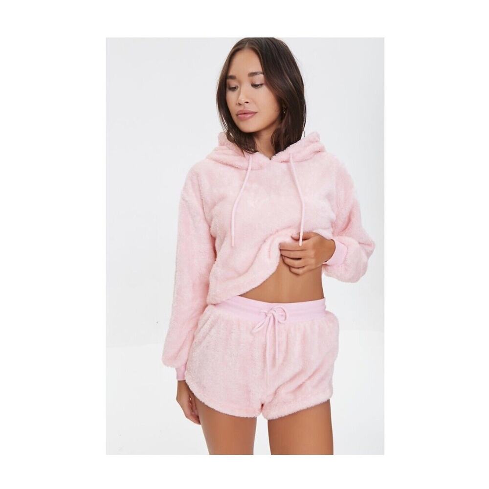 Forever 21 Baby Pink Plush Drawstring Lounge Hoodie Shorts 2 Piece Set Size S